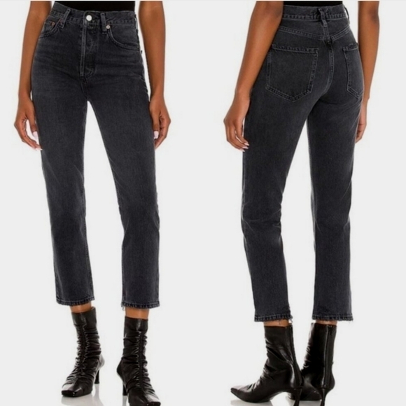 Agolde Riley Crop 5 Button High-Waisted Black Denim Jeans Size 24 - Picture 3 of 8